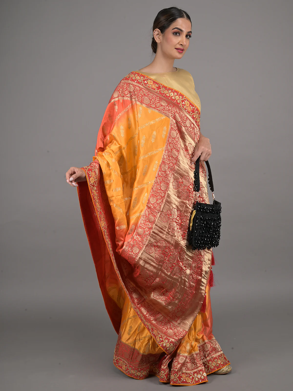 Odette Yellow and Red Embroidered Silk Blend Saree with Unstitched Blouse for Women - Image 2