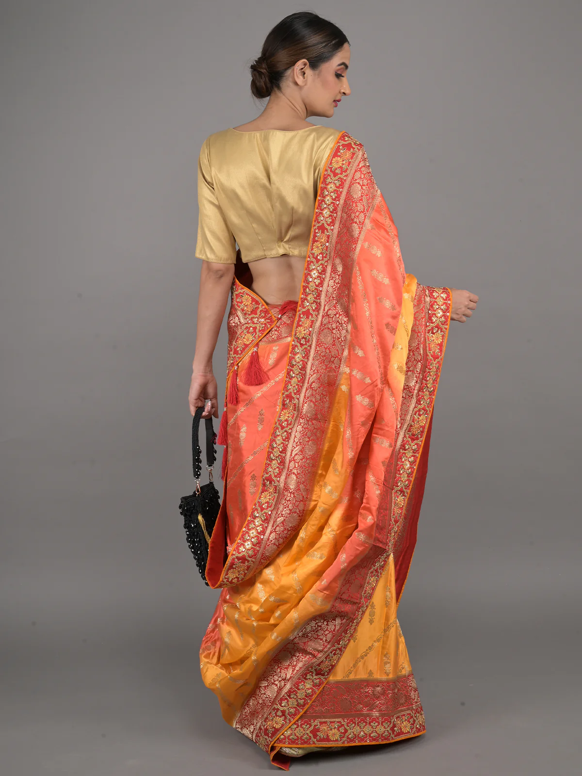 Odette Yellow and Red Embroidered Silk Blend Saree with Unstitched Blouse for Women - Image 3