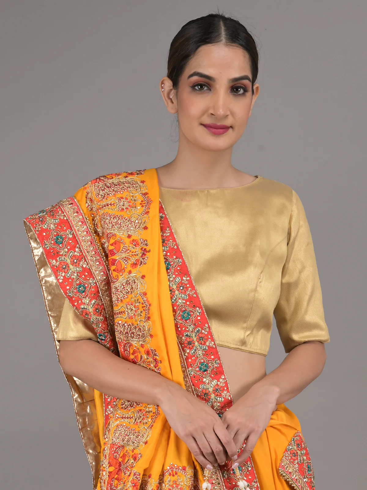 Odette Yellow and Red Peacock Embroidered Silk Blend Saree with Unstitched Blouse for Women - Image 4