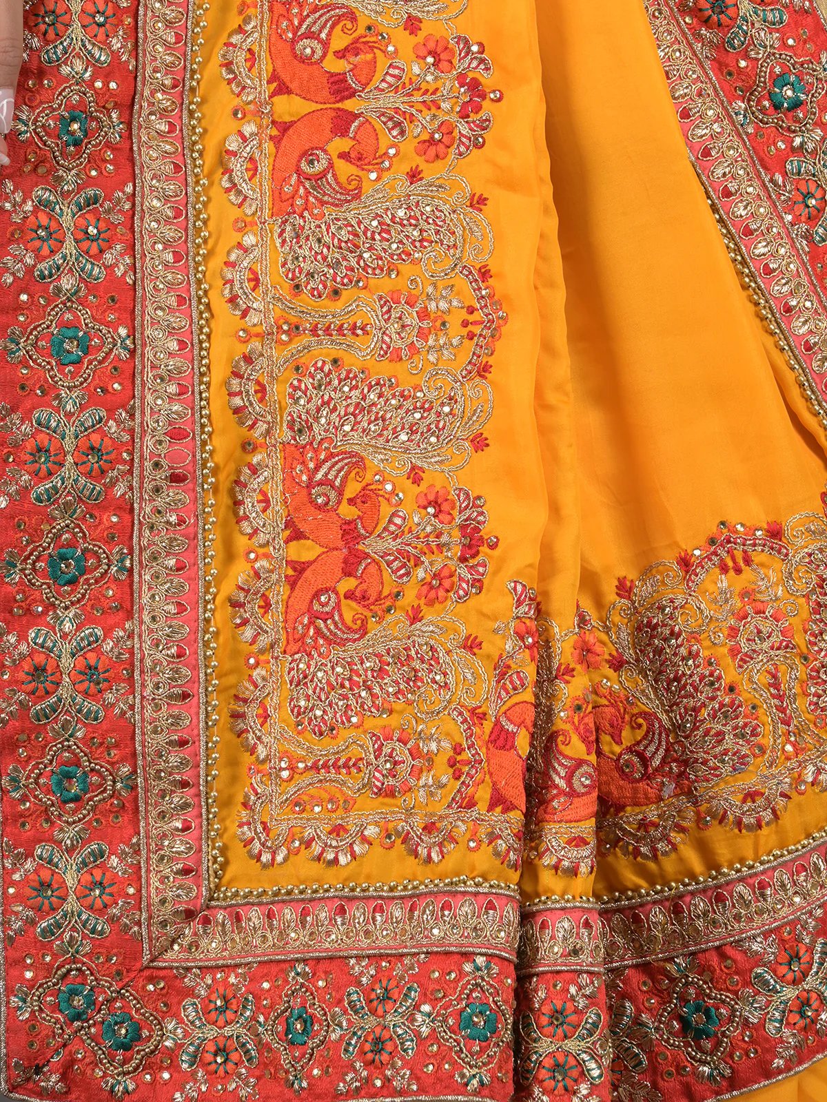 Odette Yellow and Red Peacock Embroidered Silk Blend Saree with Unstitched Blouse for Women - Image 5