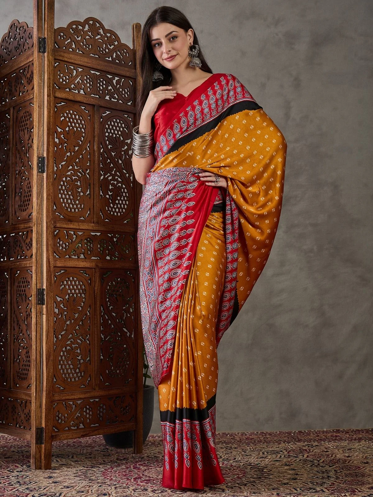 Odette Yellow And Red Silk Blend Printed Elegant Saree For Women