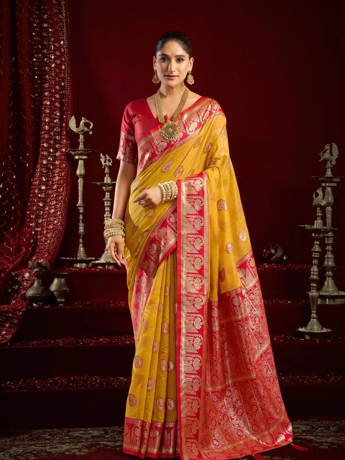 Odette Yellow and Red Silk Blend Woven Saree For Women