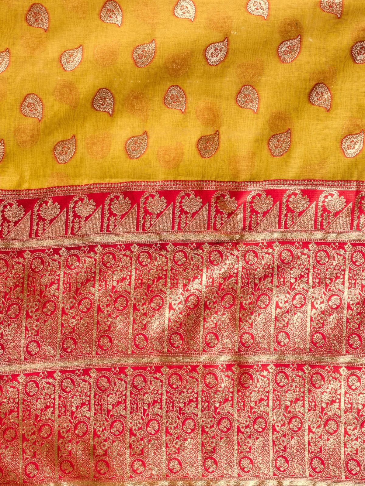 Odette Yellow and Red Silk Blend Woven Saree For Women - Image 5