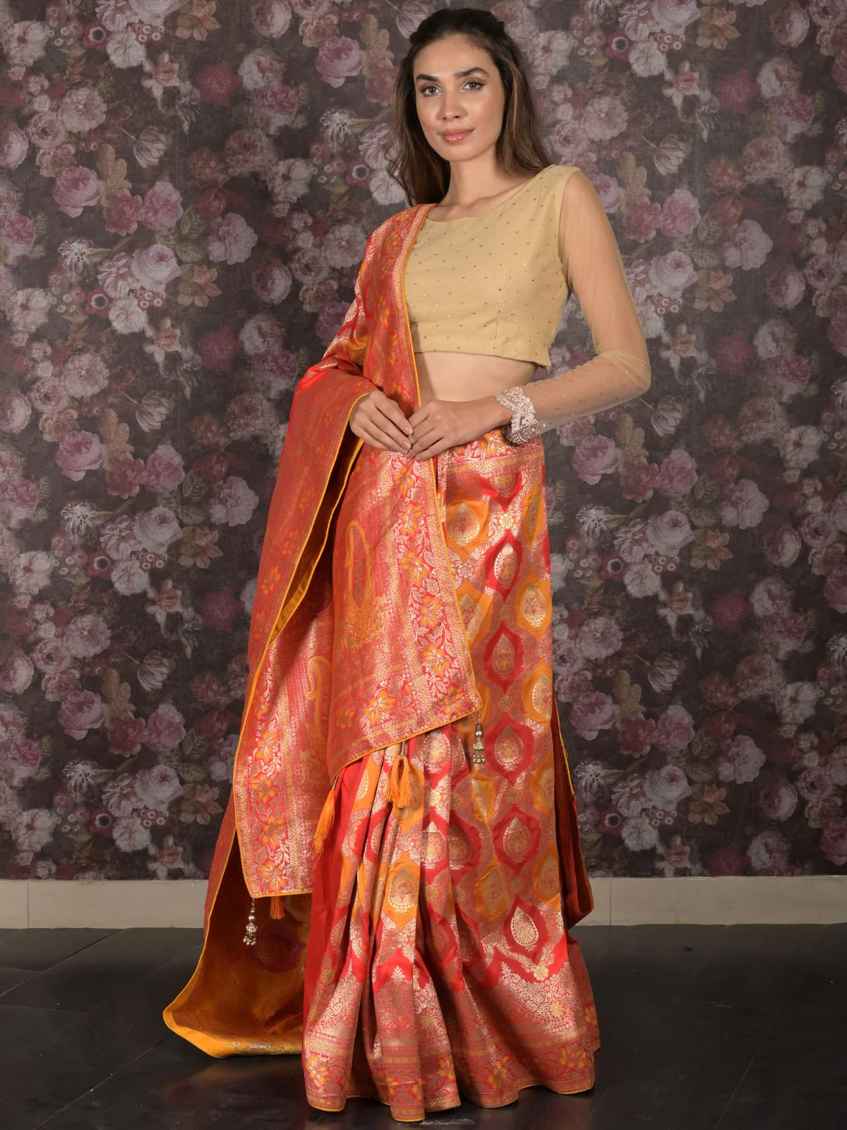 Odette Yellow and Red Woven Banarasi Silk Saree with Unstitched Blouse for Women - Image 2