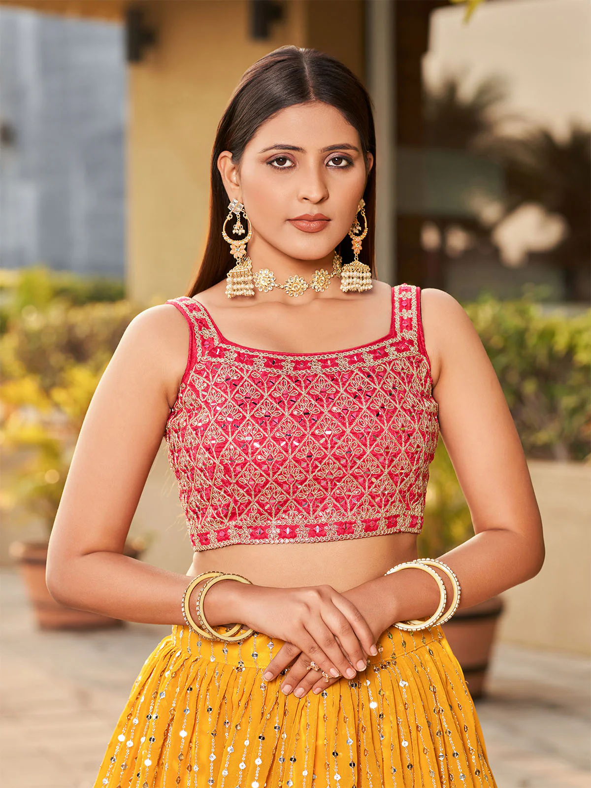 Odette Yellow Art Silk Embellished Semi Stitched Lehenga With Unstitched Blouse For Women - Image 4