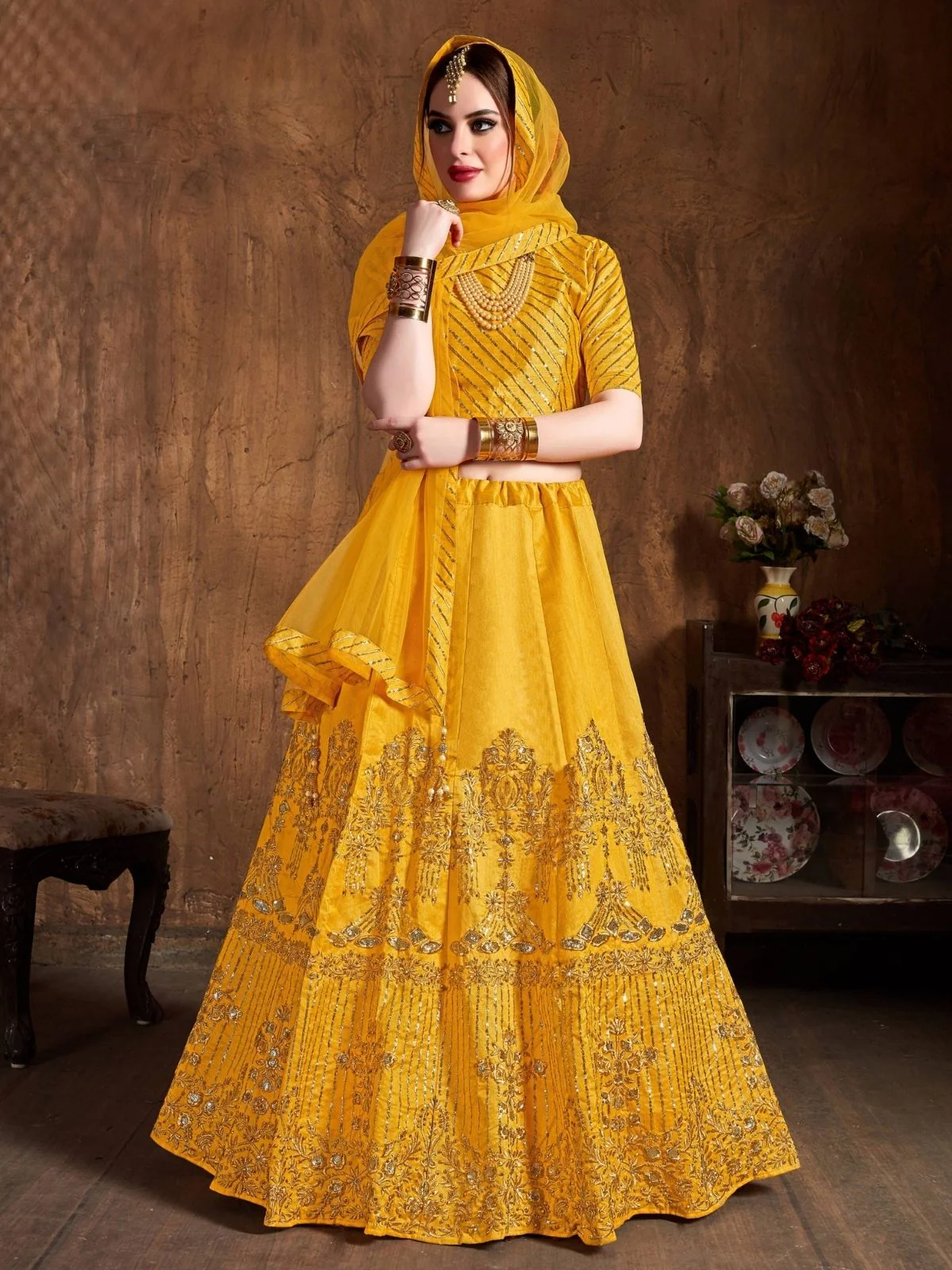 Odette Yellow Art Silk Embroidered Semi Stitched Lehenga With Blouse For Women - Image 3