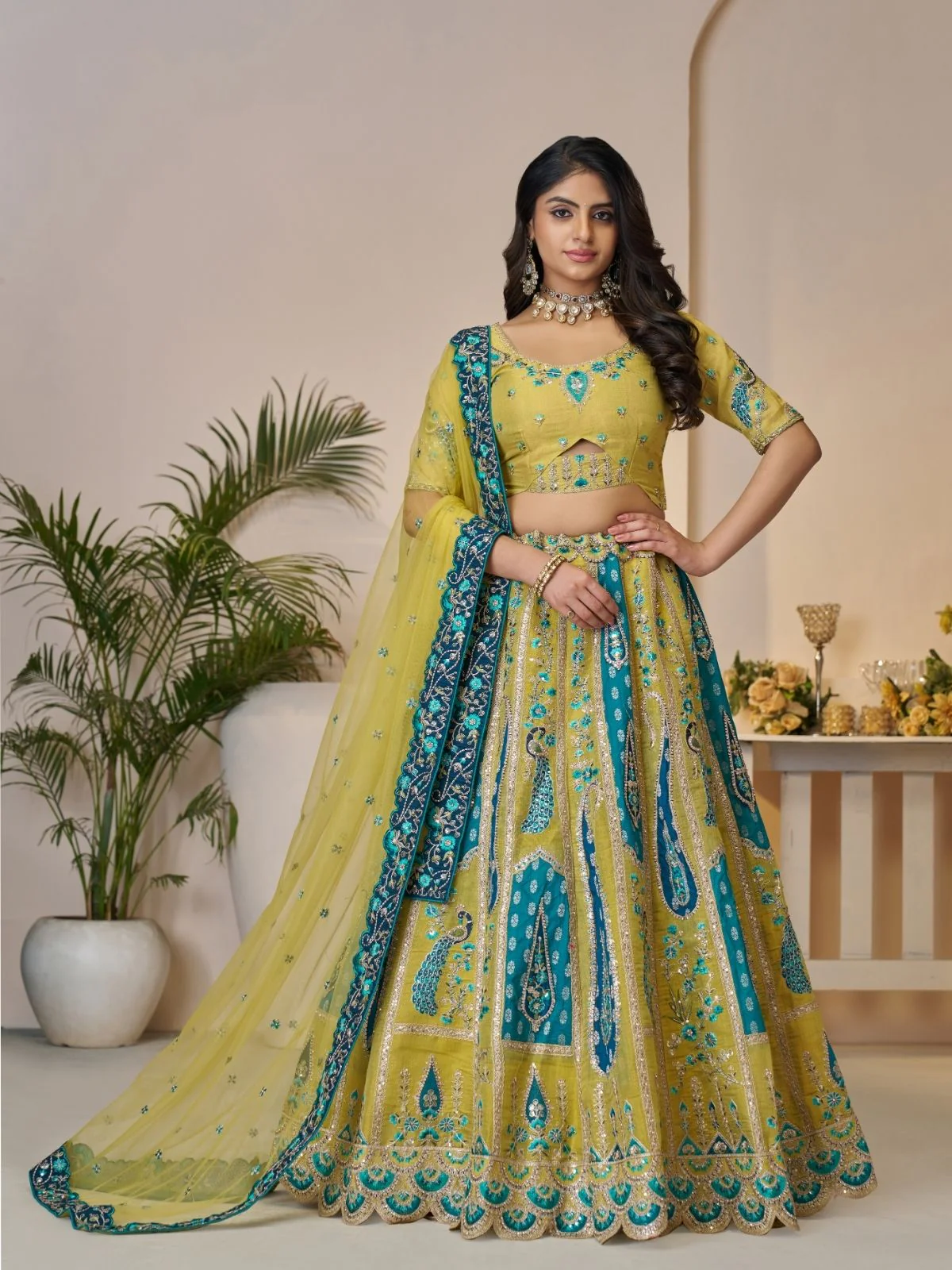 Odette Yellow Banarasi Silk Embroidered Semi-Stitched Lehenga For Women