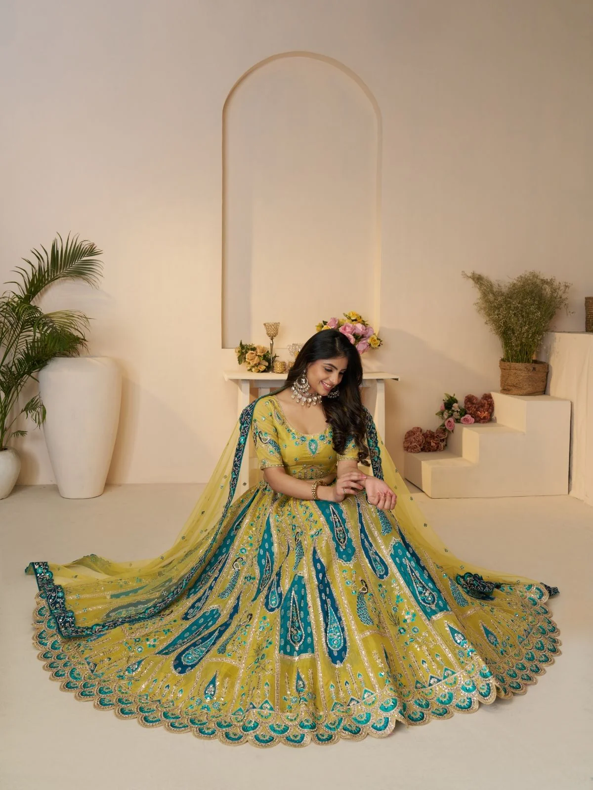 Odette Yellow Banarasi Silk Embroidered Semi-Stitched Lehenga For Women - Image 2