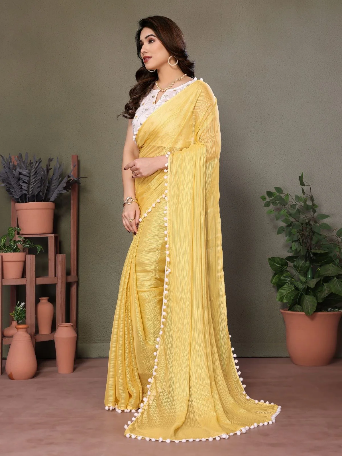 Odette Yellow Banglori Lace Work Saree With Unstitched Blouse For Women - Image 2