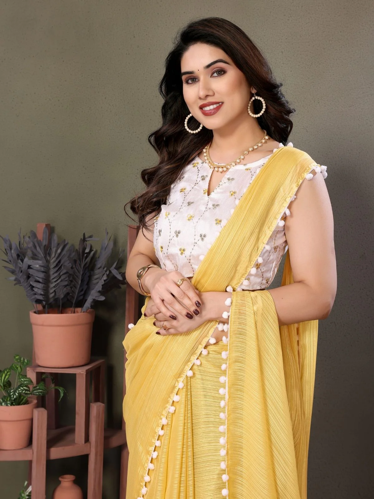 Odette Yellow Banglori Lace Work Saree With Unstitched Blouse For Women - Image 3