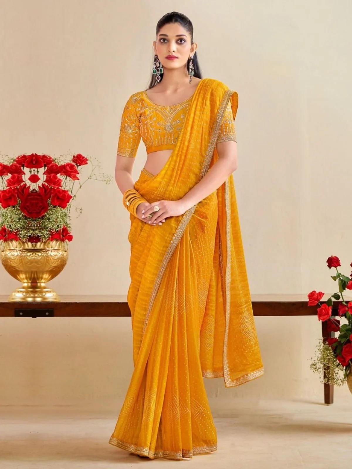 Odette Yellow Chiffon Embellished Saree For Women