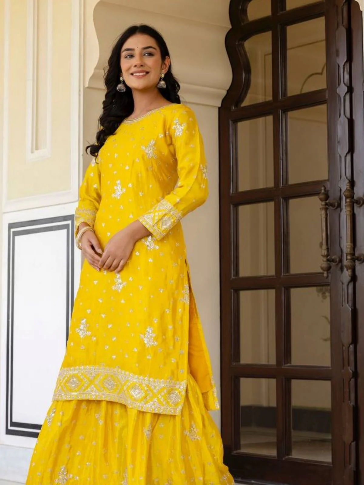 Odette Yellow Chiffon Embellished Stitched Kurta Set For Women - Image 3