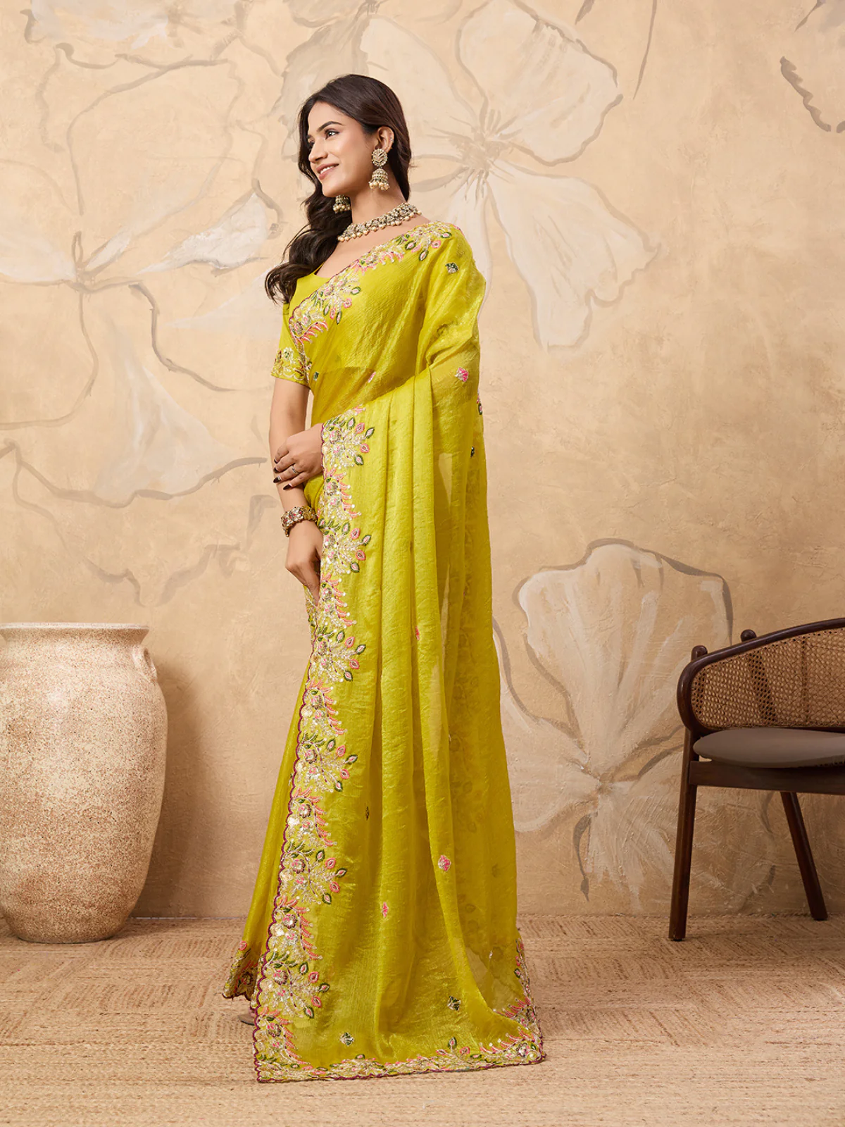 Odette Yellow Chiffon Embroidered Saree For Women - Image 2