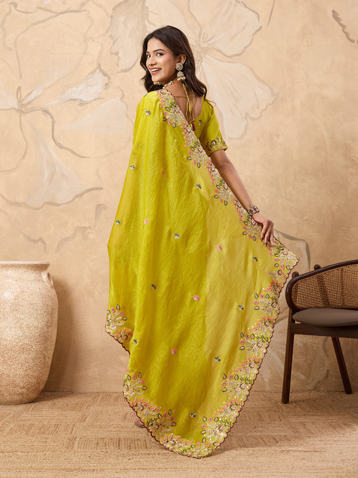 Odette Yellow Chiffon Embroidered Saree For Women - Image 3