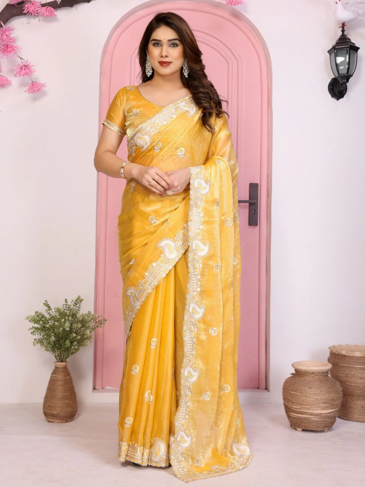 Odette Yellow Chiffon Embroidered Saree For Women