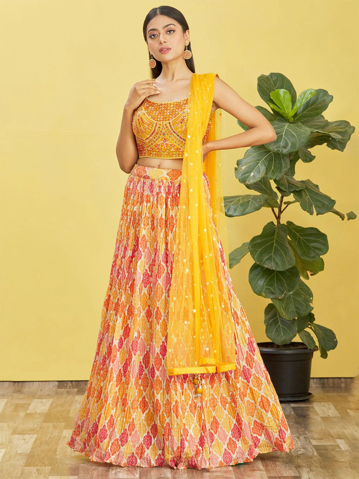Odette Yellow Chinon Embellished Semi Stitched Lehenga With Unstitched Blouse For Women - Image 2