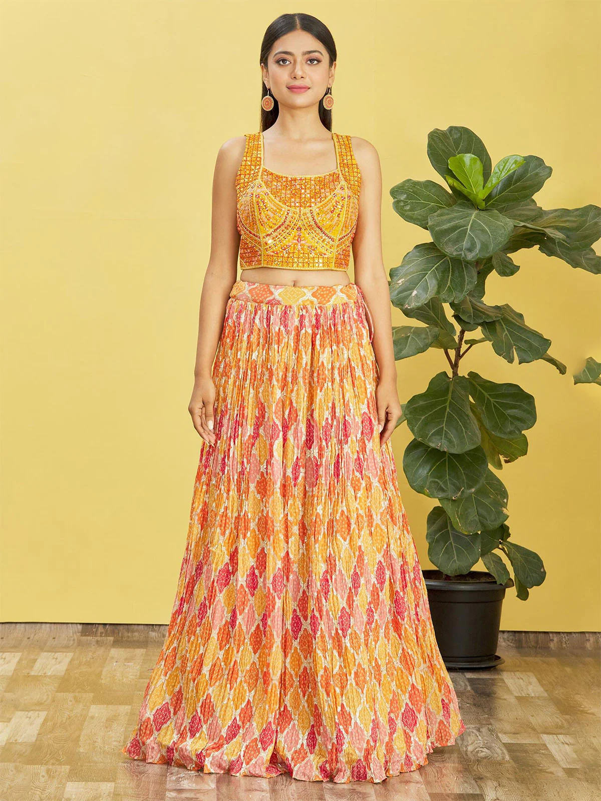 Odette Yellow Chinon Embellished Semi Stitched Lehenga With Unstitched Blouse For Women - Image 3