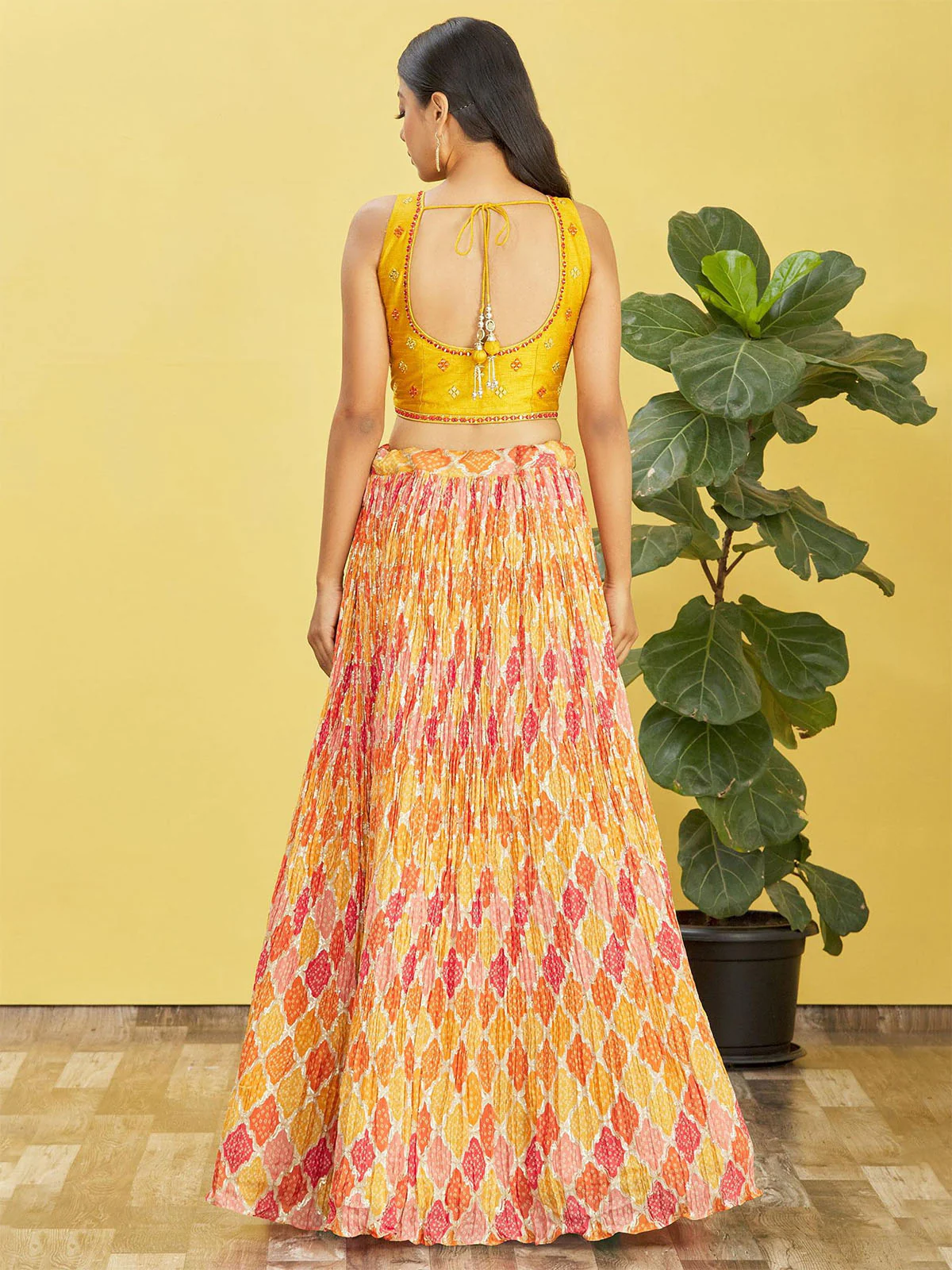 Odette Yellow Chinon Embellished Semi Stitched Lehenga With Unstitched Blouse For Women - Image 4
