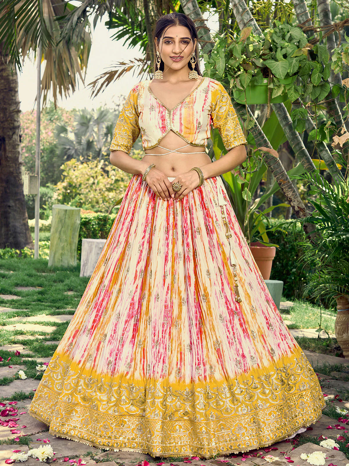 Odette Yellow Chinon Embellished Semi Stitched Lehenga With Unstitched Blouse For Women - Image 3