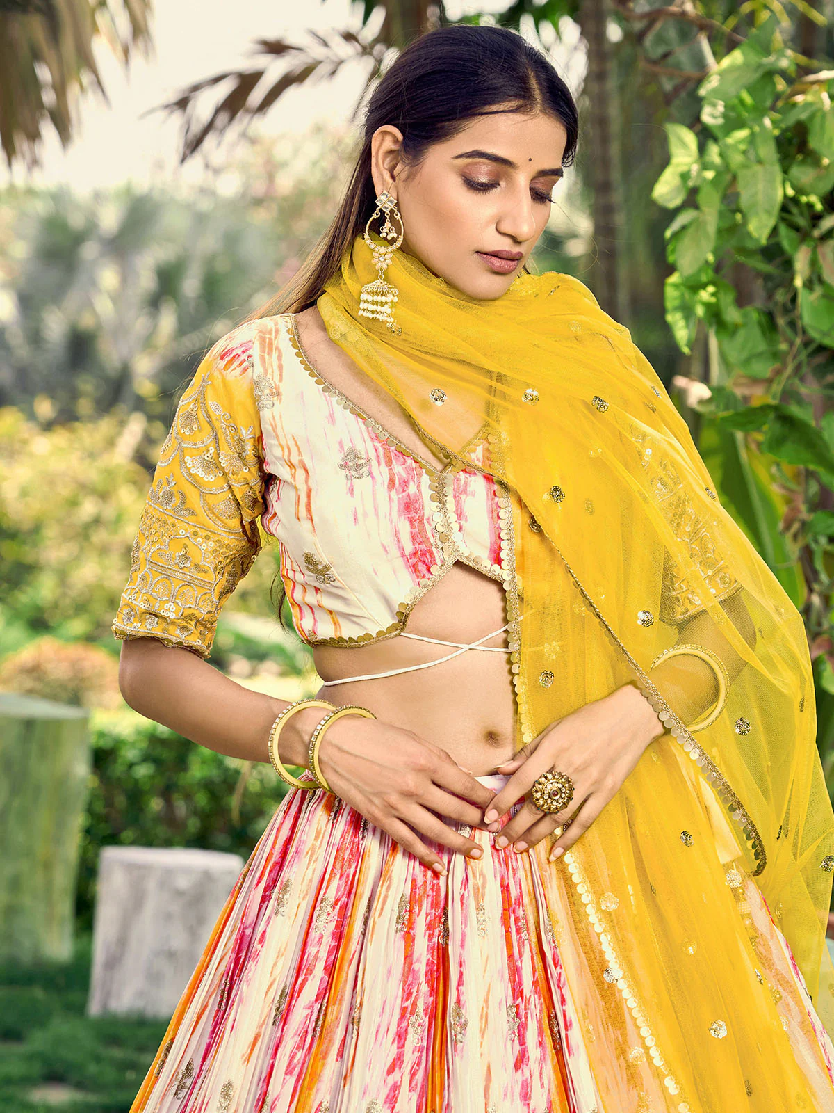 Odette Yellow Chinon Embellished Semi Stitched Lehenga With Unstitched Blouse For Women - Image 5