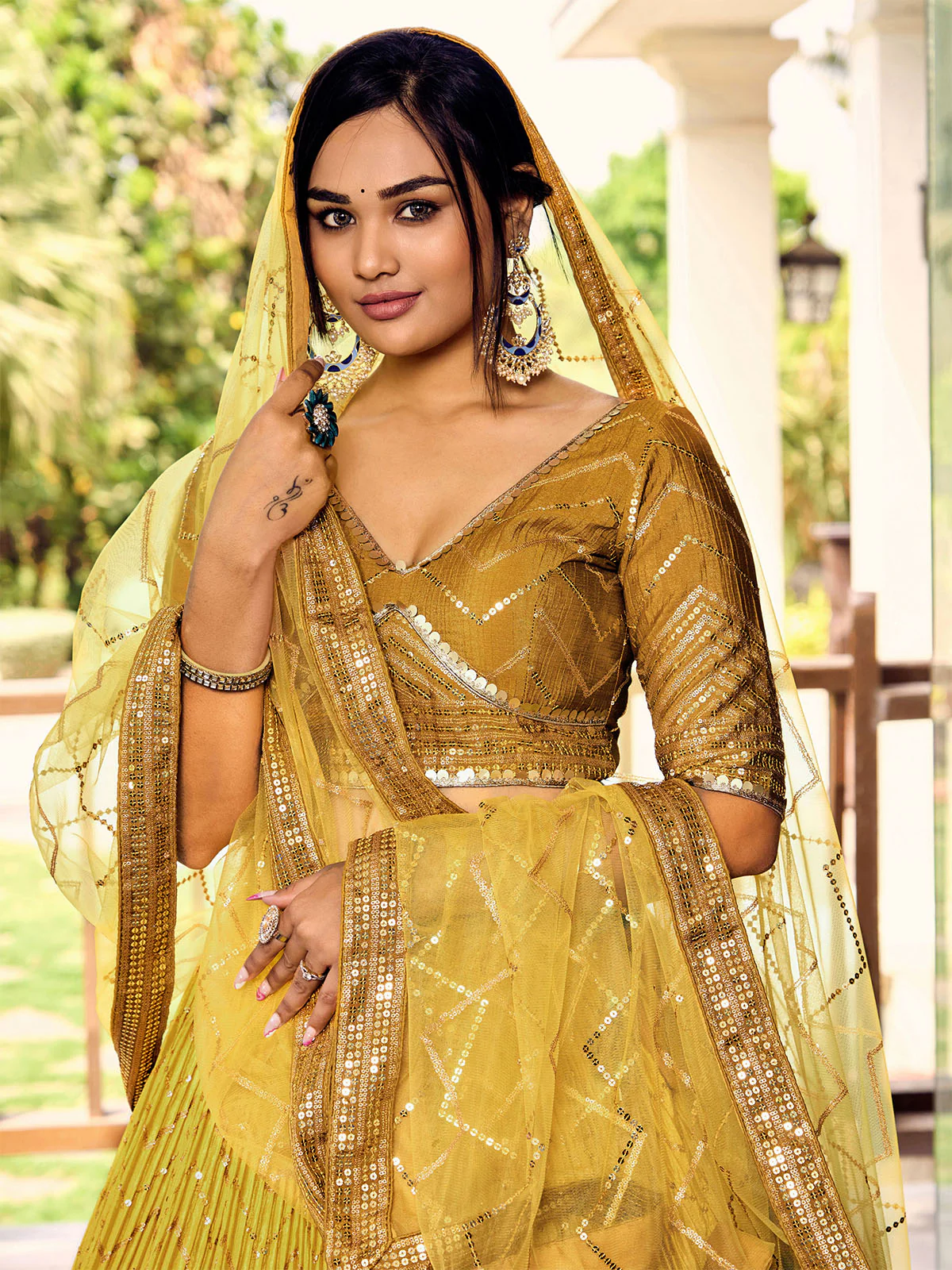 Odette Yellow Chinon Embellished Semi Stitched Lehenga With Unstitched Blouse For Women - Image 5