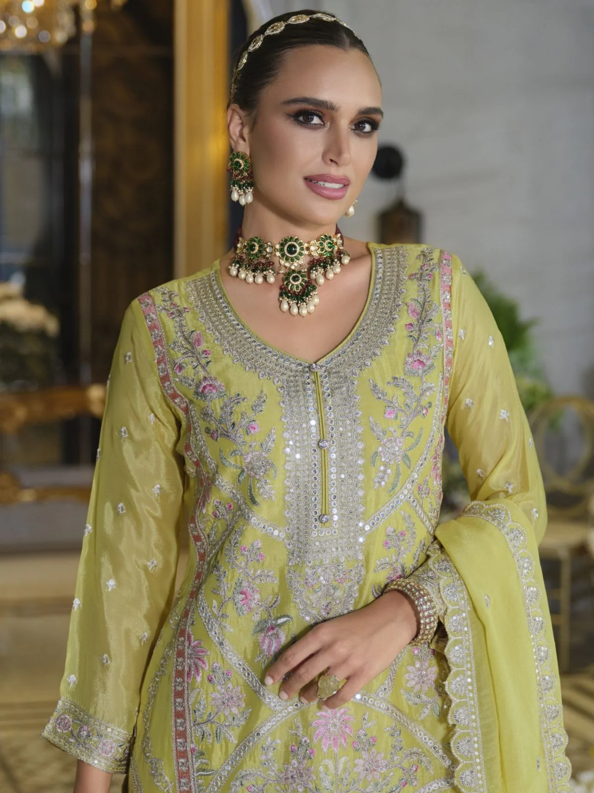 Odette Yellow Chinon Embroidered Semi-Stitched Kurta Set For Women - Image 2