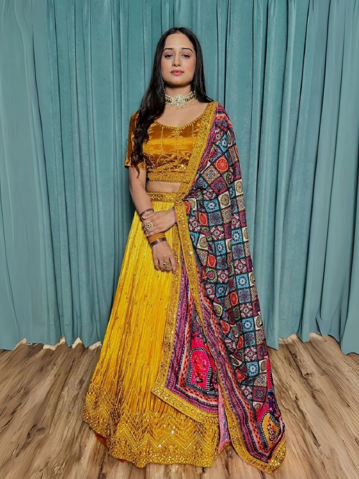 Odette Yellow Chinon Silk Embroidered Semi-Stitched Lehenga For Women