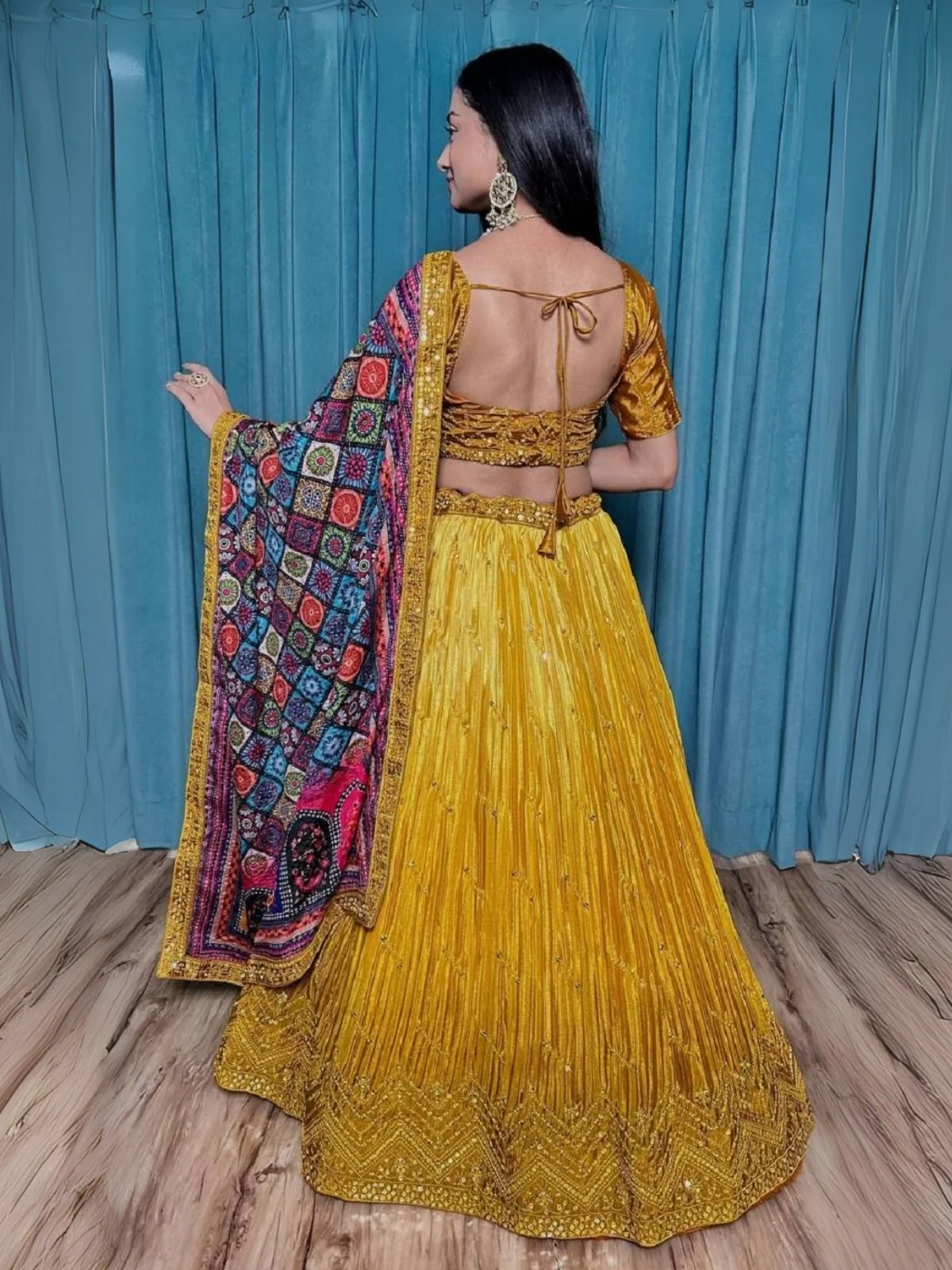 Odette Yellow Chinon Silk Embroidered Semi-Stitched Lehenga For Women - Image 2