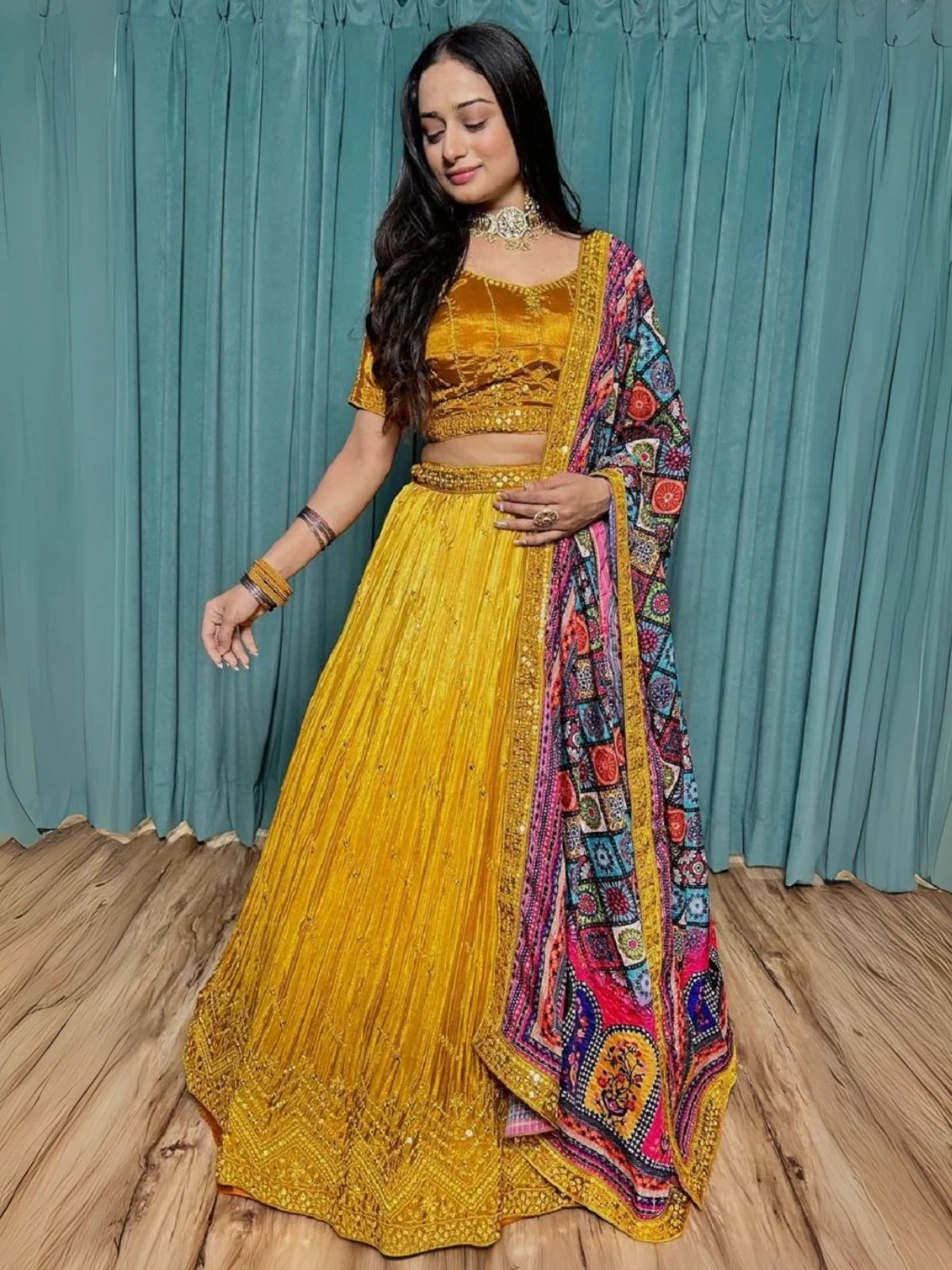 Odette Yellow Chinon Silk Embroidered Semi-Stitched Lehenga For Women - Image 3