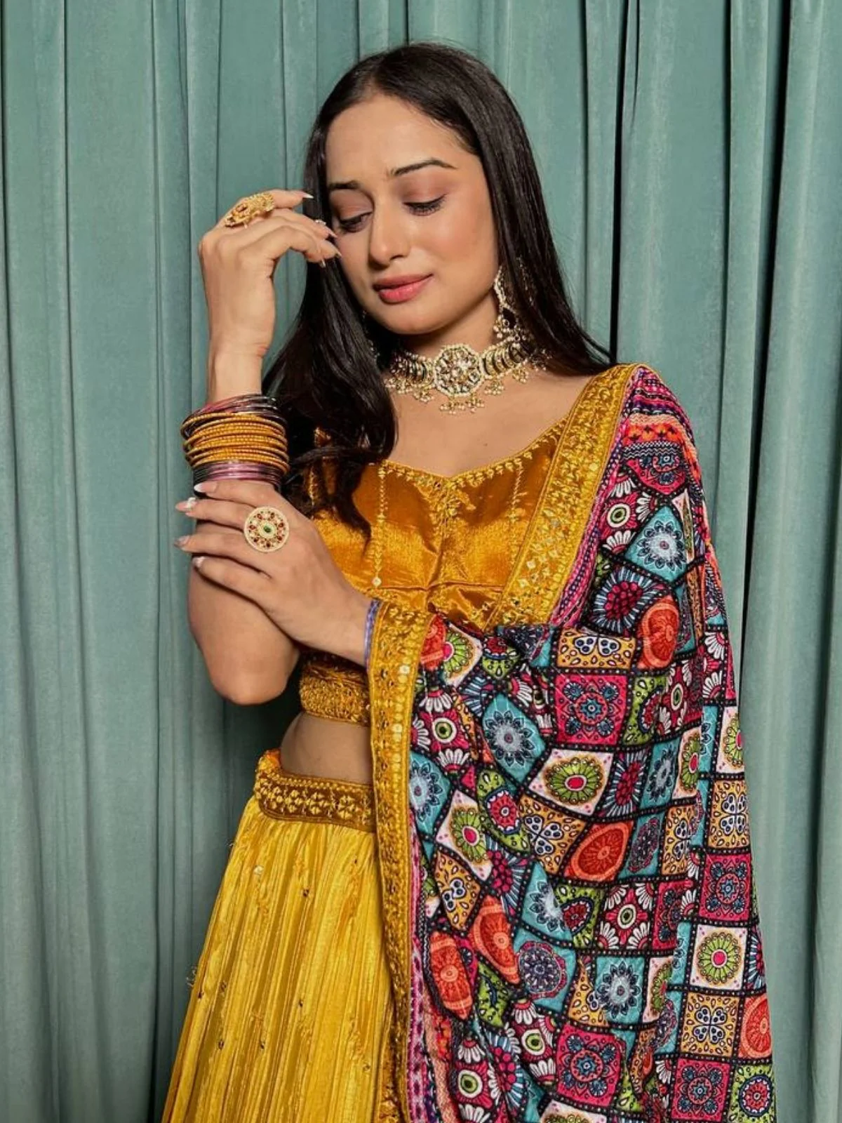 Odette Yellow Chinon Silk Embroidered Semi-Stitched Lehenga For Women - Image 4
