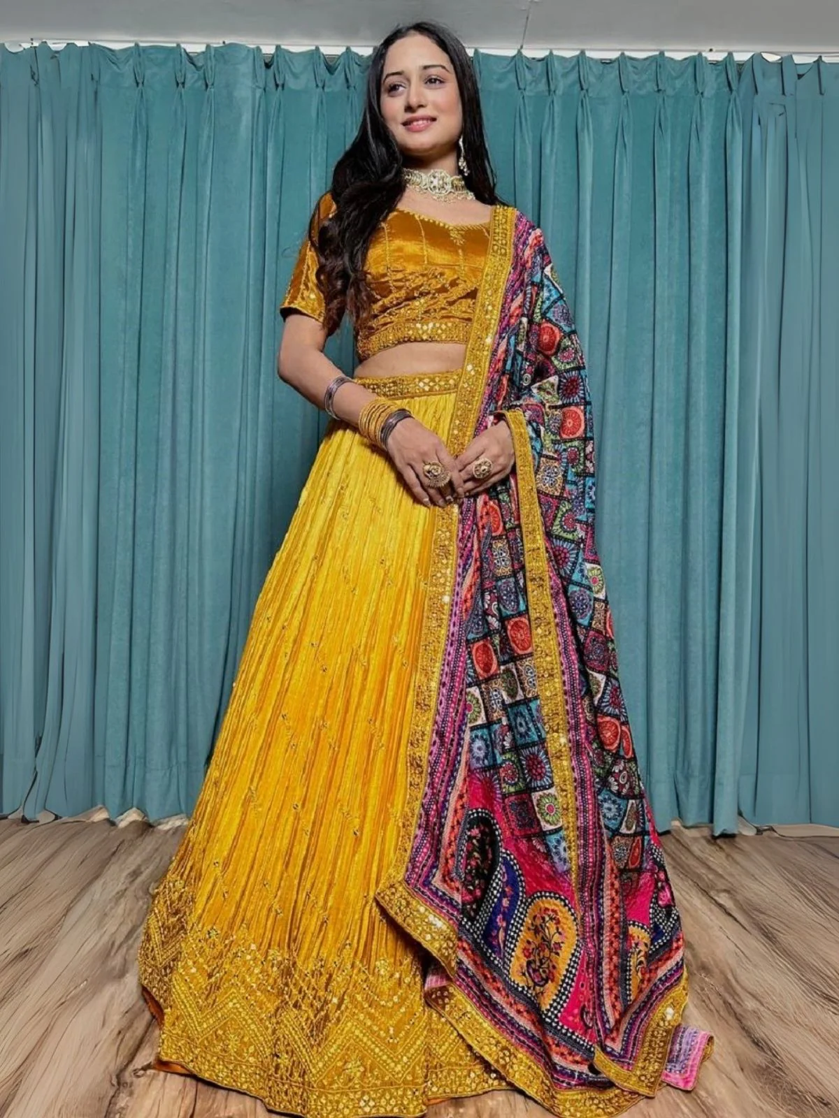 Odette Yellow Chinon Silk Embroidered Semi-Stitched Lehenga For Women - Image 6