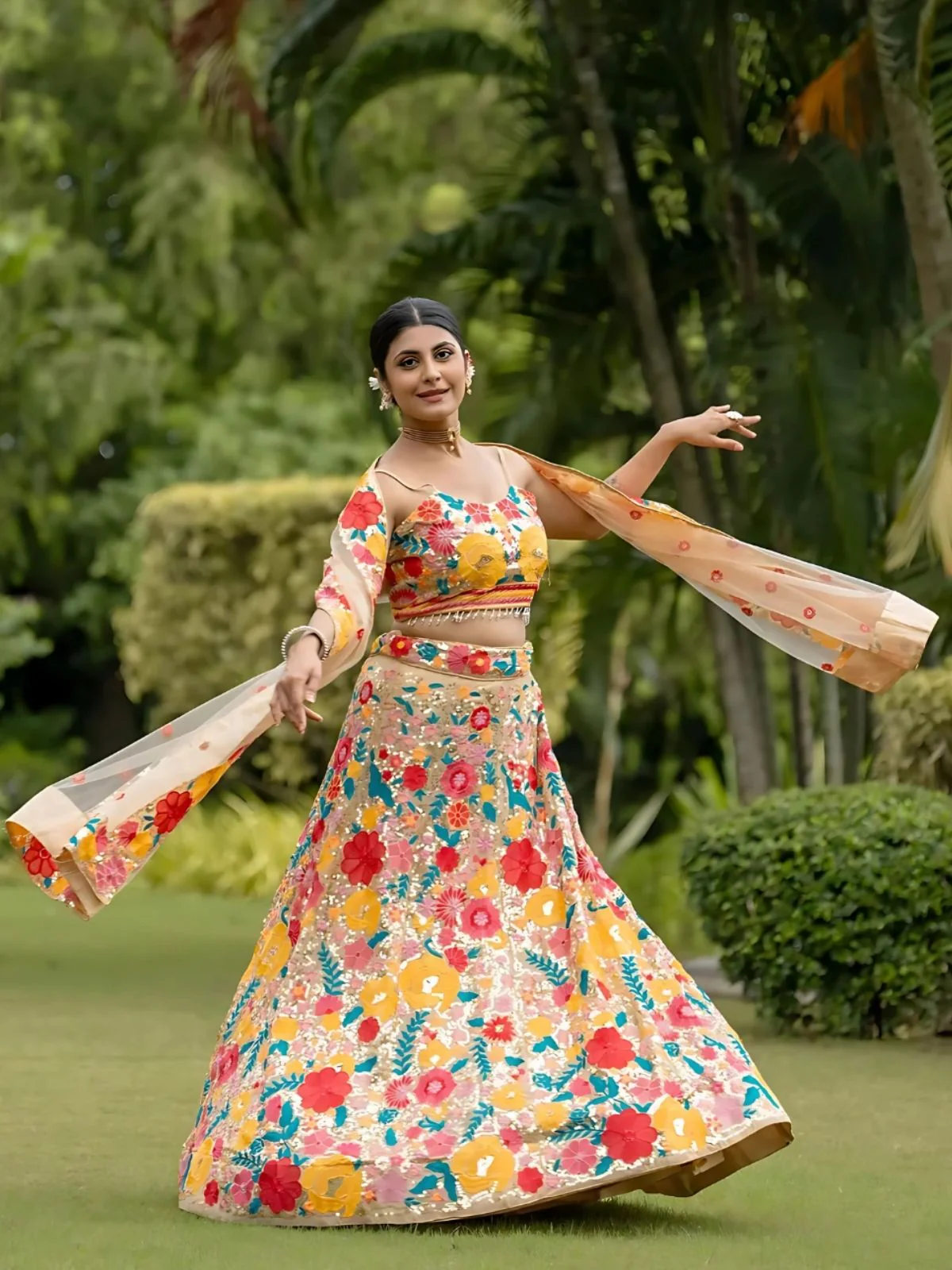 Odette Yellow Chinon Silk Sequins Embroidered Semi-Stitched Lehenga For Women - Image 2