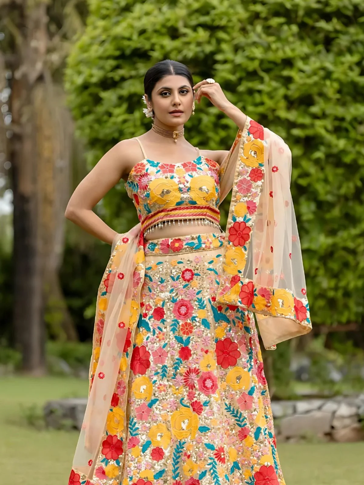 Odette Yellow Chinon Silk Sequins Embroidered Semi-Stitched Lehenga For Women - Image 3
