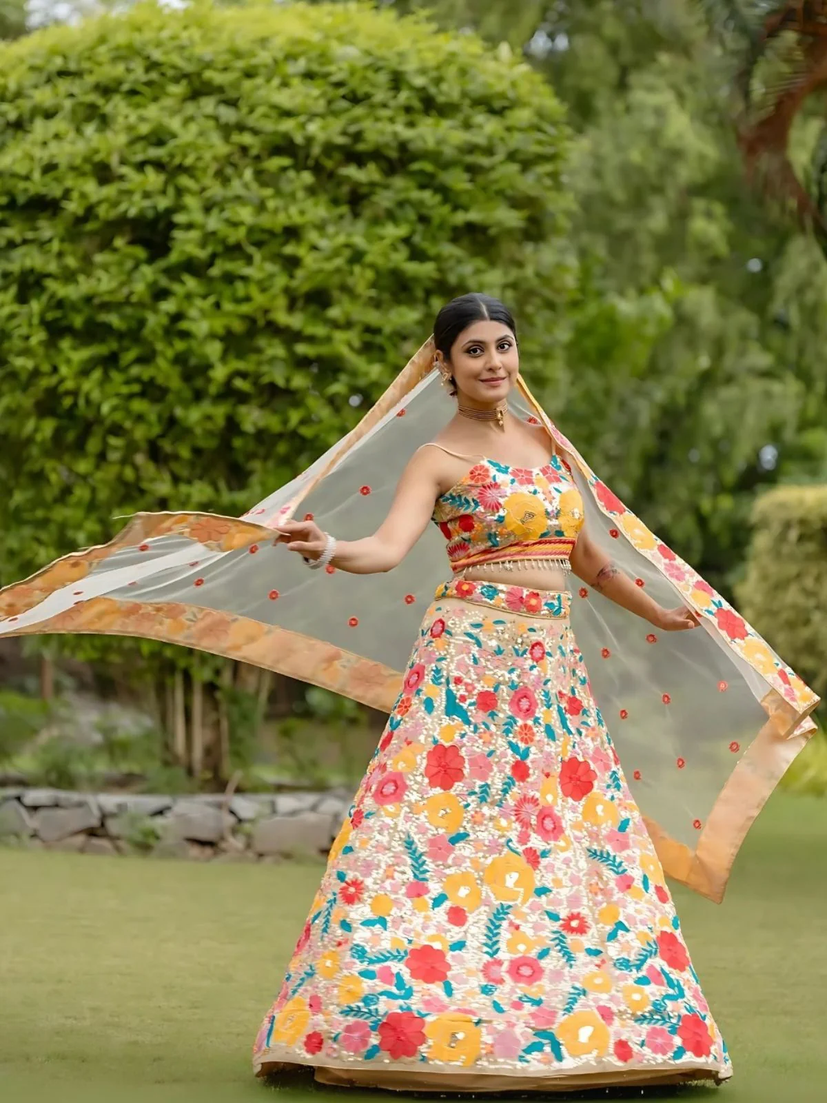 Odette Yellow Chinon Silk Sequins Embroidered Semi-Stitched Lehenga For Women - Image 5