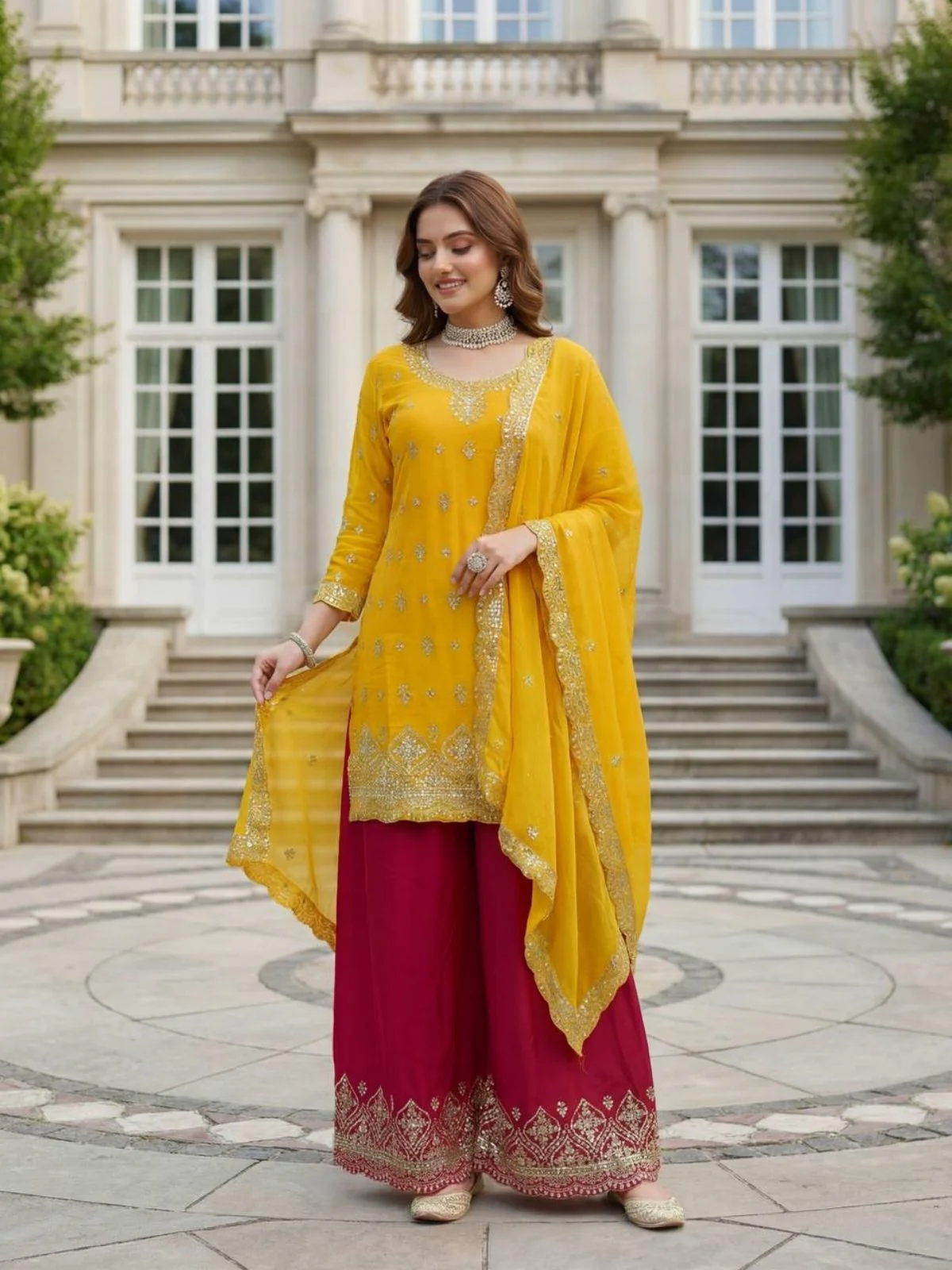 Odette Yellow Chinon Solid Stitched Kurta Set For Women
