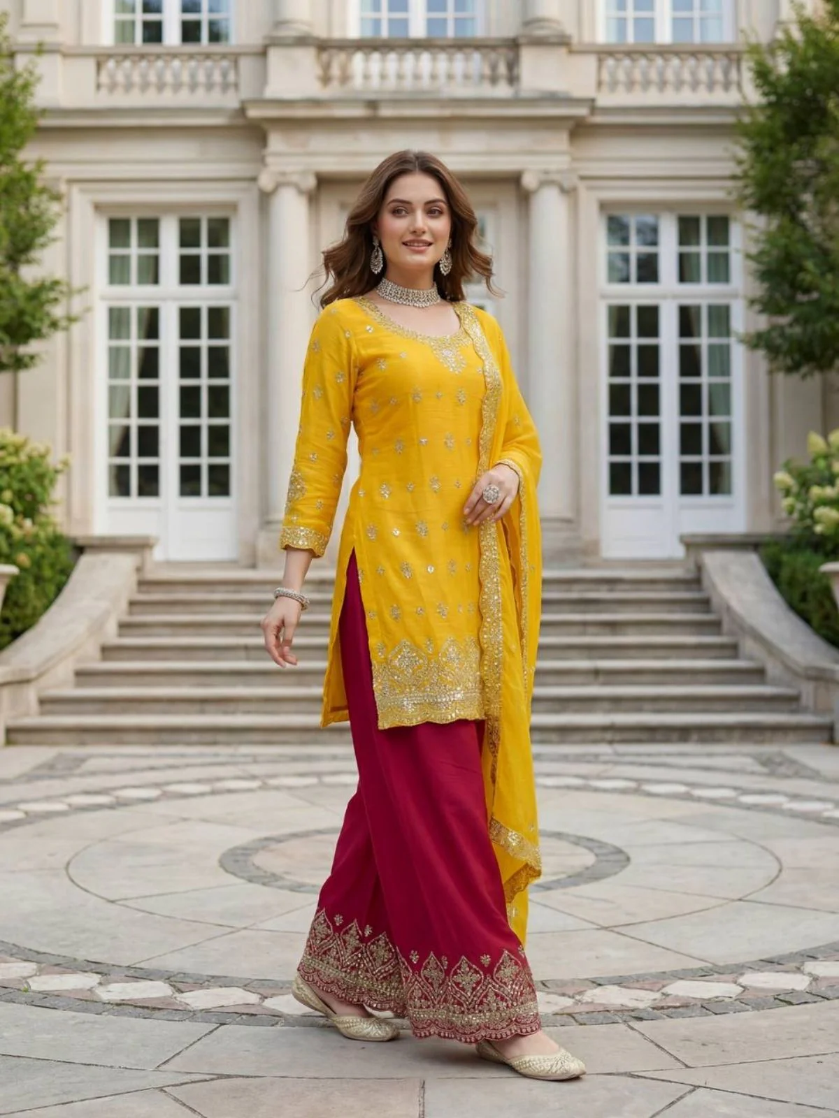Odette Yellow Chinon Solid Stitched Kurta Set For Women - Image 2