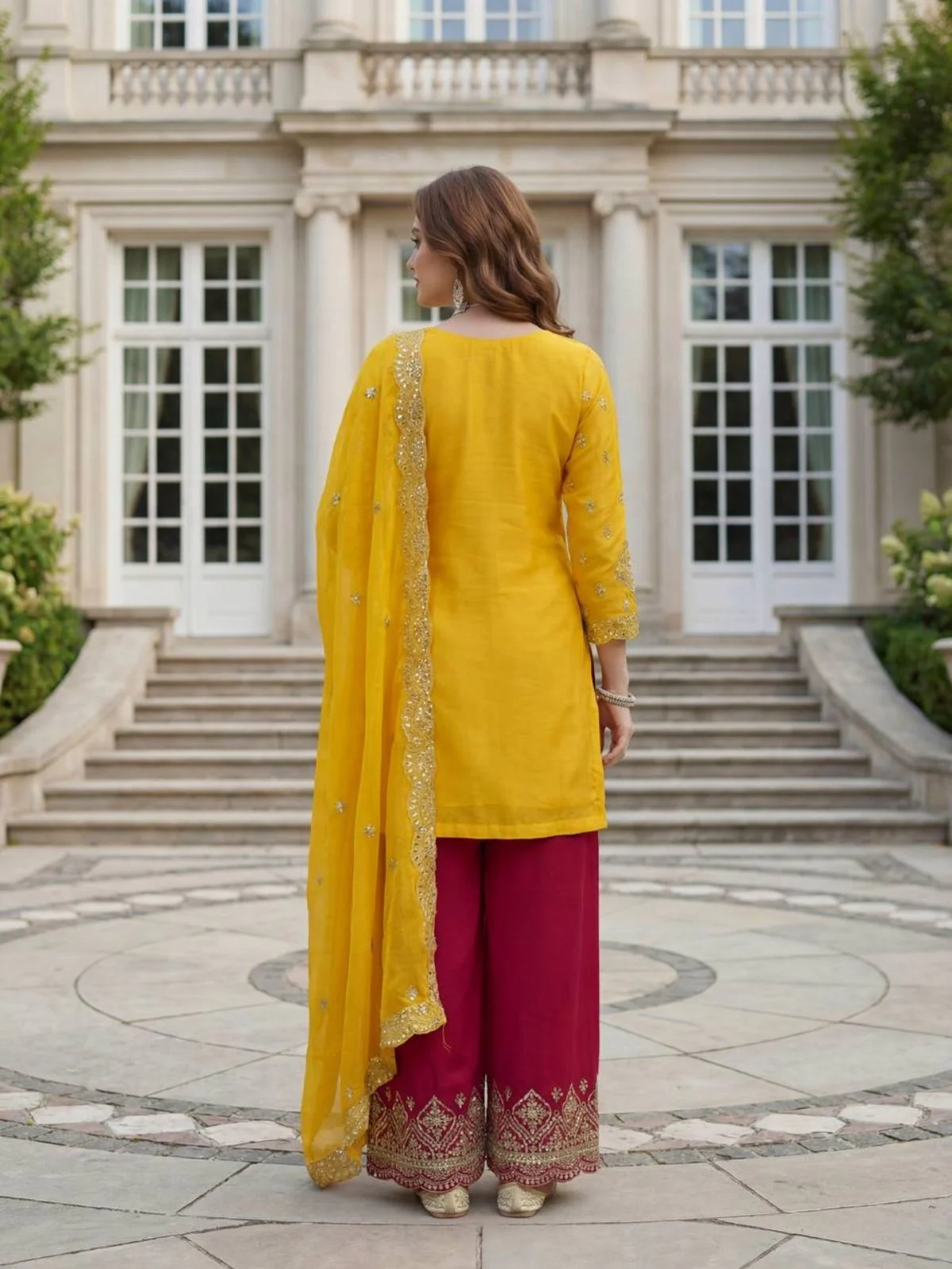 Odette Yellow Chinon Solid Stitched Kurta Set For Women - Image 3
