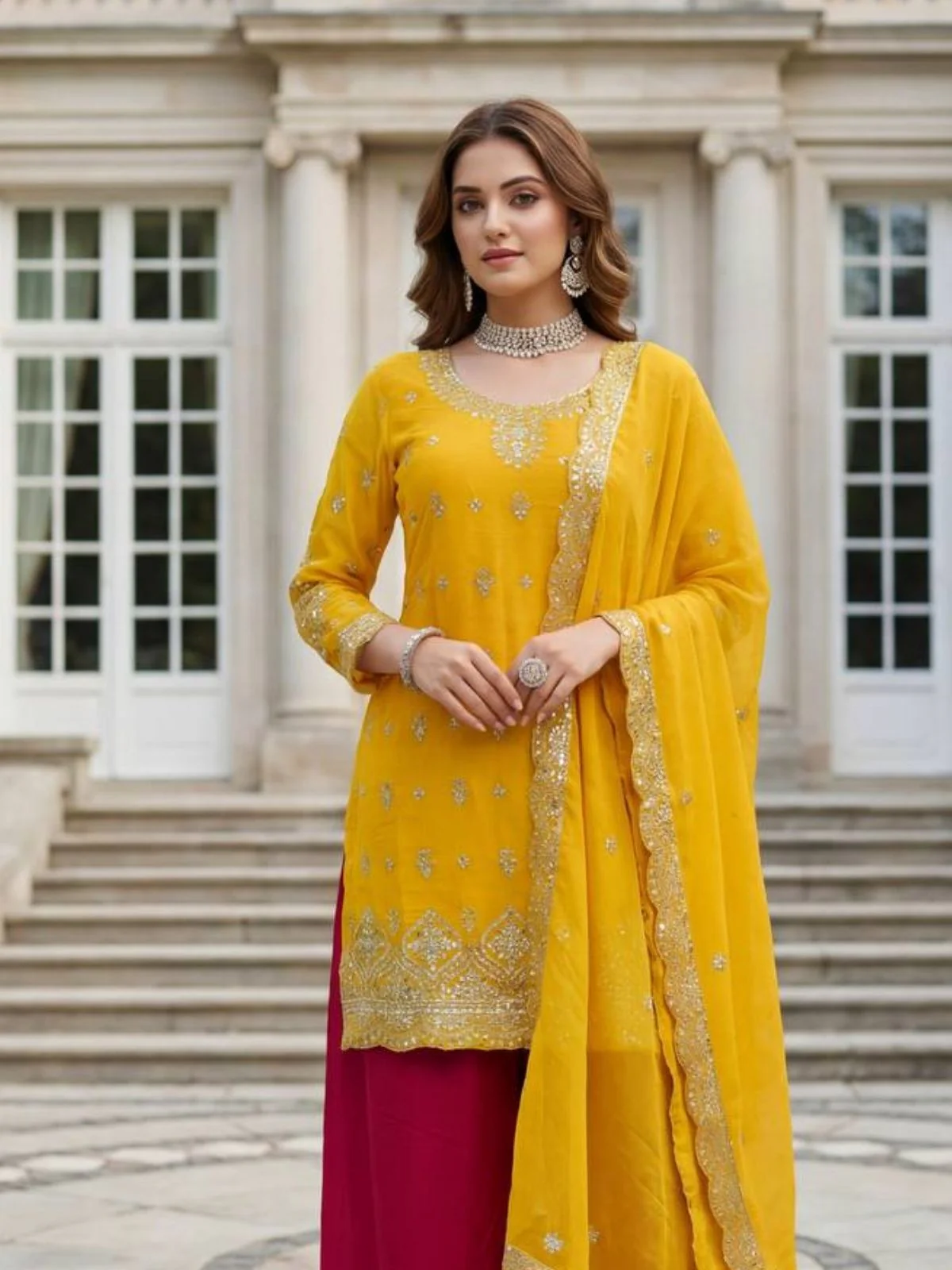 Odette Yellow Chinon Solid Stitched Kurta Set For Women - Image 4