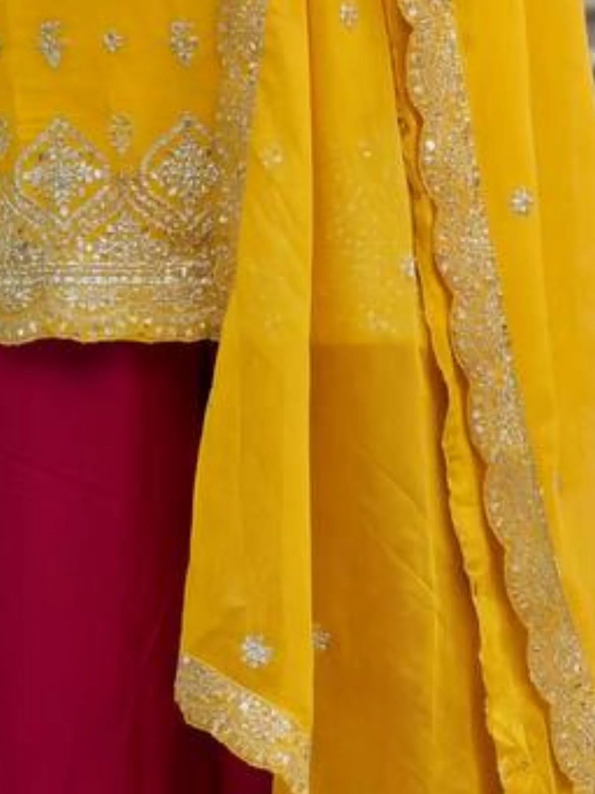 Odette Yellow Chinon Solid Stitched Kurta Set For Women - Image 5