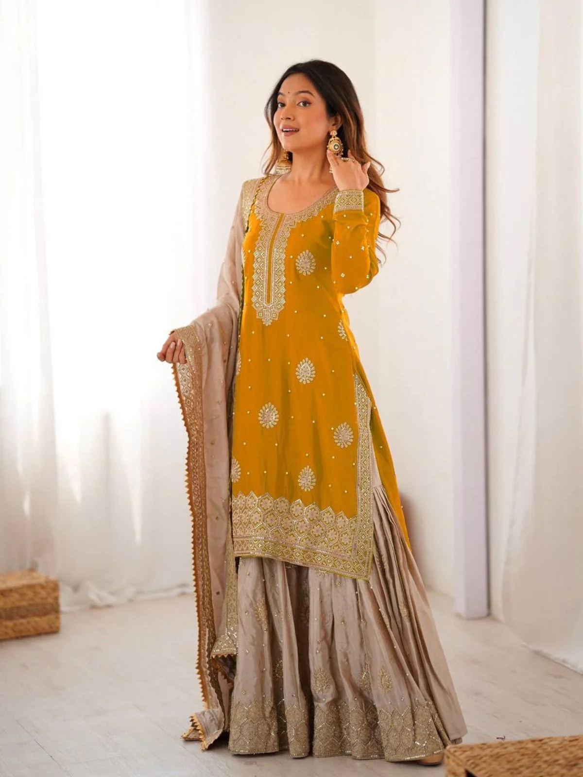Odette Yellow Chinon Solid Stitched Kurta Set For Women - Image 2