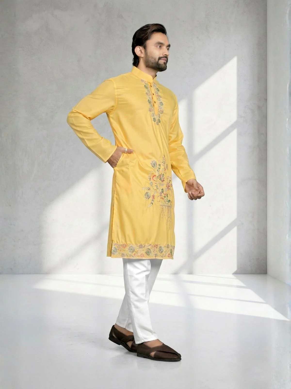Odette Yellow Cotton Blend Embroidered Solid Kurta For Men