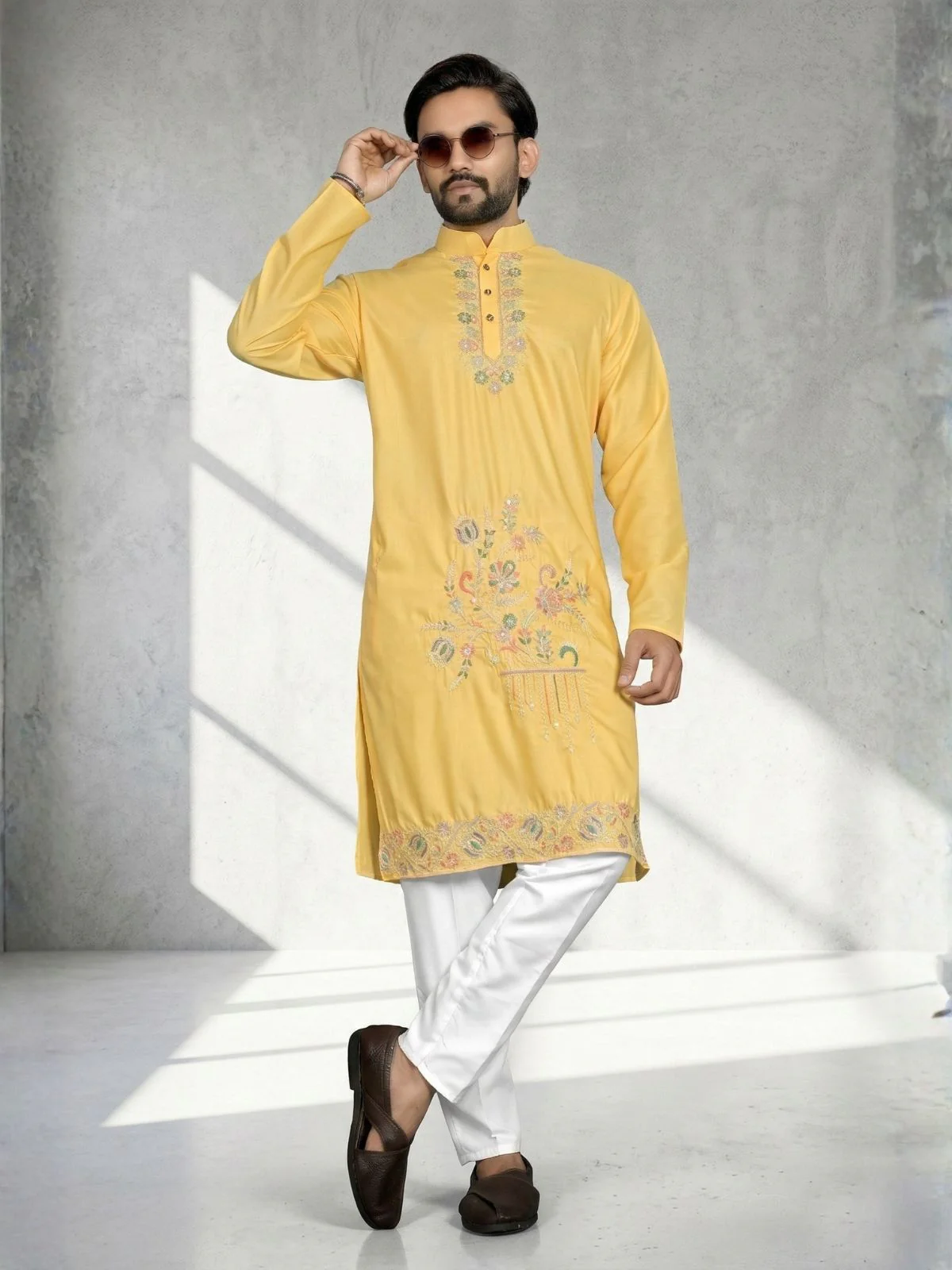 Odette Yellow Cotton Blend Embroidered Solid Kurta For Men - Image 5