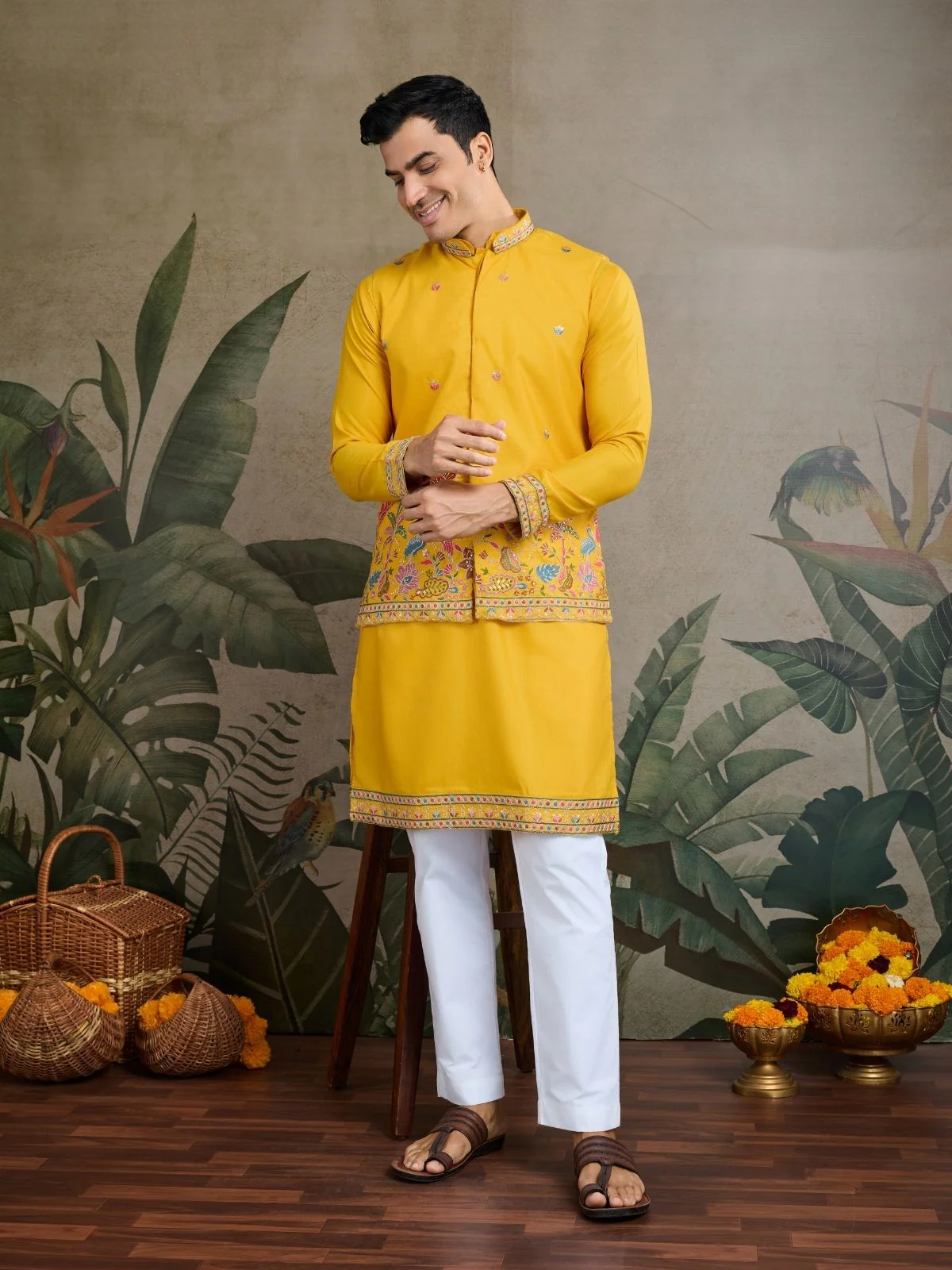 Odette Yellow Cotton Blend Embroidered Stitched Kurta For Men - Image 2