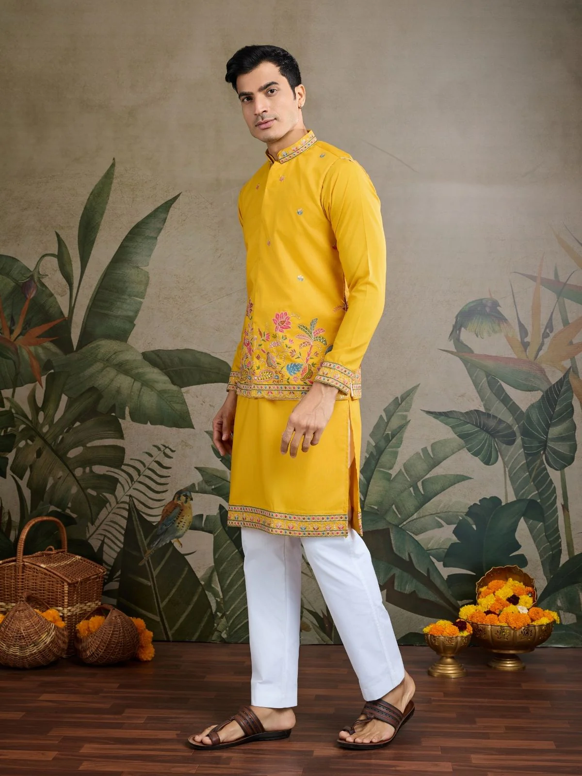 Odette Yellow Cotton Blend Embroidered Stitched Kurta For Men - Image 3