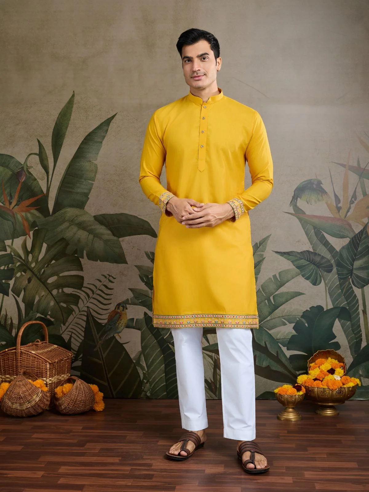 Odette Yellow Cotton Blend Embroidered Stitched Kurta For Men - Image 4