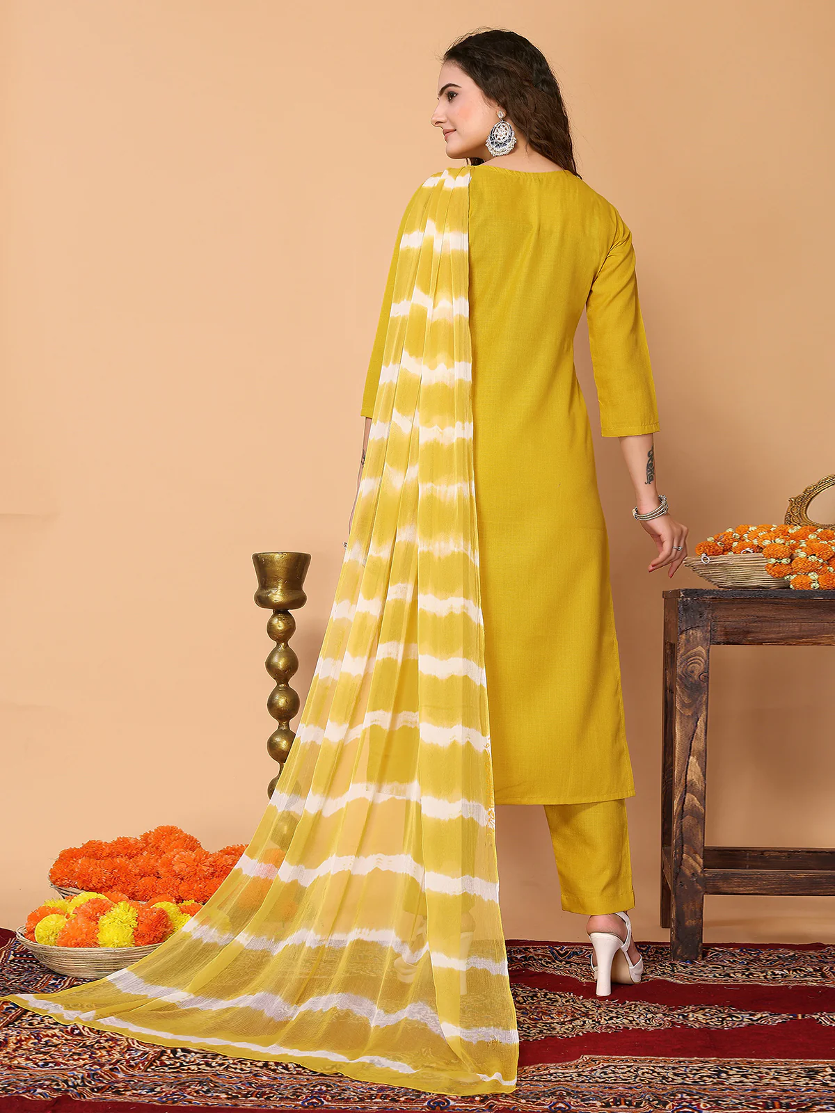 Odette Yellow Cotton Blend Embroidered Stitched Kurta set For Women - Image 3