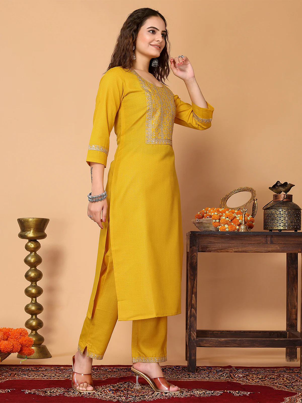 Odette Yellow Cotton Blend Embroidered Stitched Kurta set for Women - Image 2