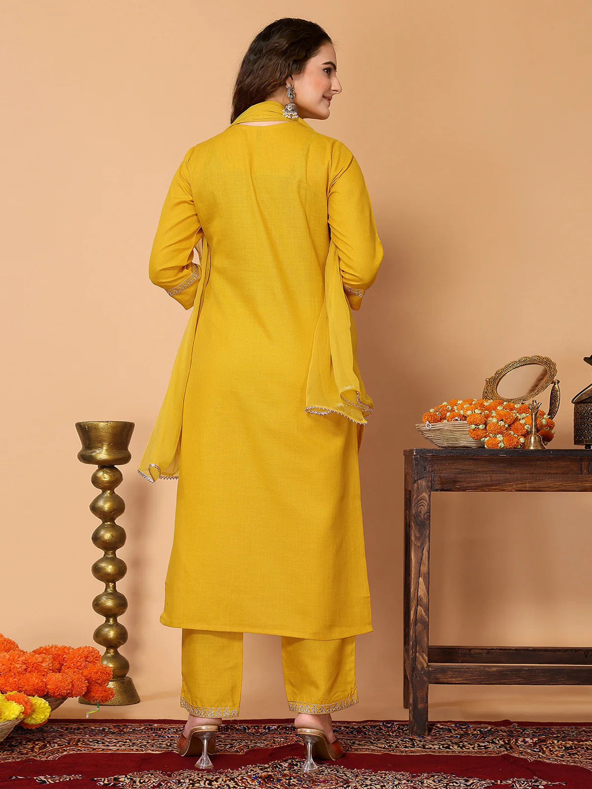Odette Yellow Cotton Blend Embroidered Stitched Kurta set for Women - Image 3