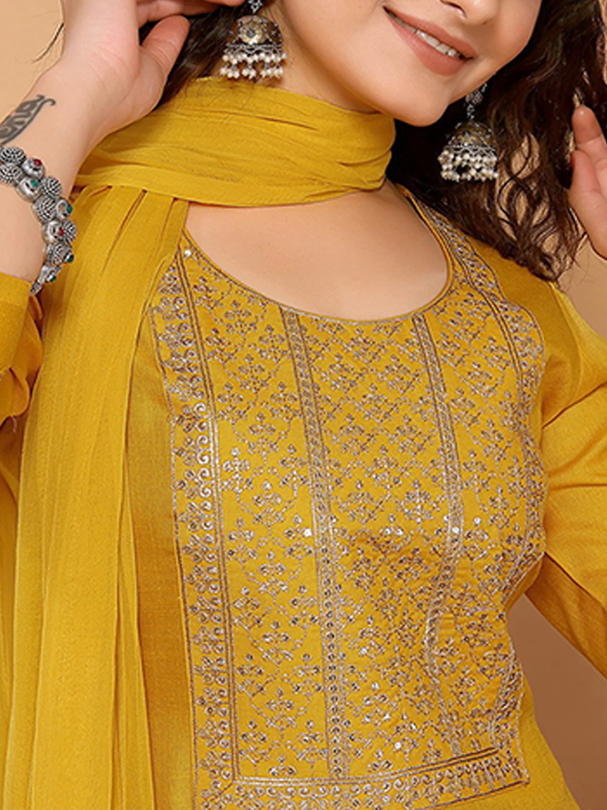 Odette Yellow Cotton Blend Embroidered Stitched Kurta set for Women - Image 5
