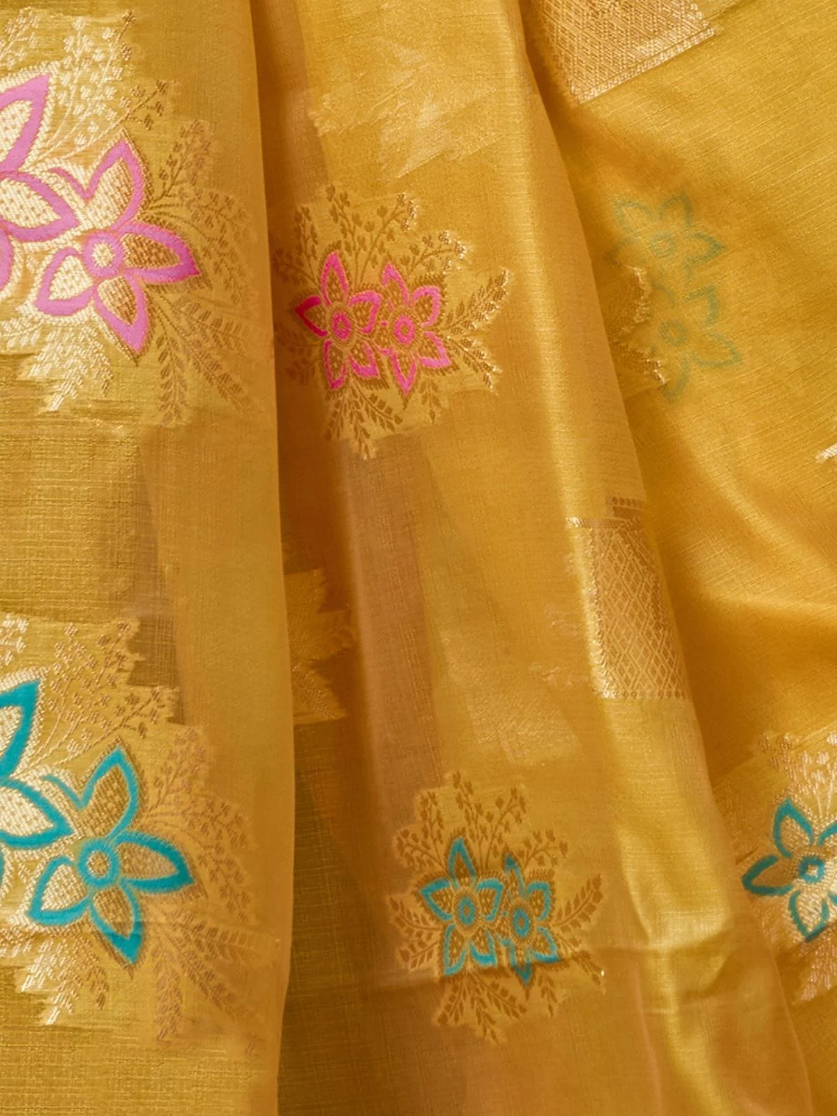 Odette Yellow Cotton Blend Woven Saree For Women - Image 6